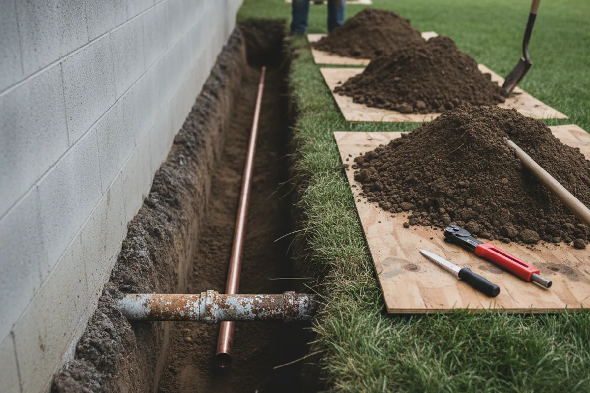 Excavated water line trench during Water Heater Repair in Washington
